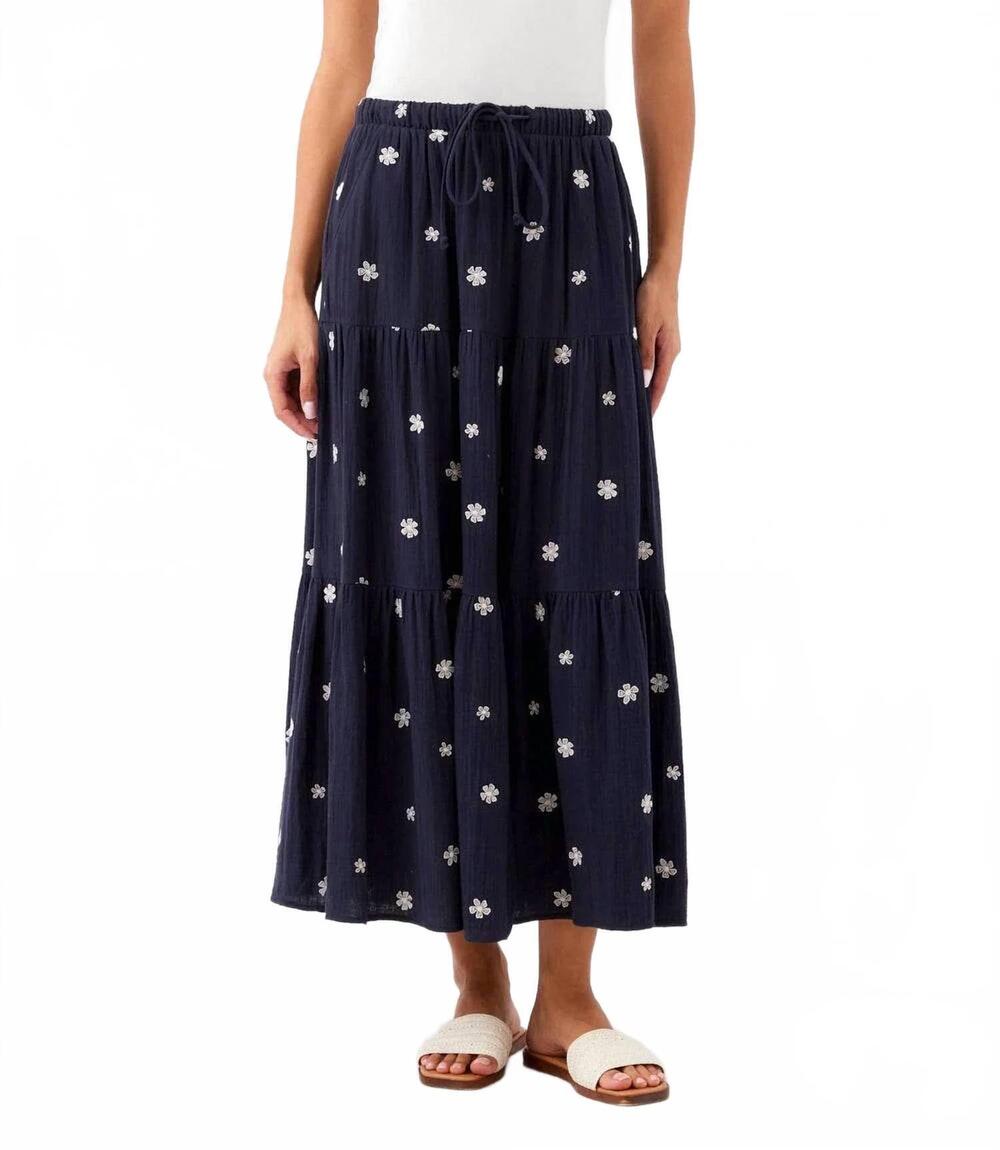 NEW KAREN KANE embroidered tiered midi skirt in navy